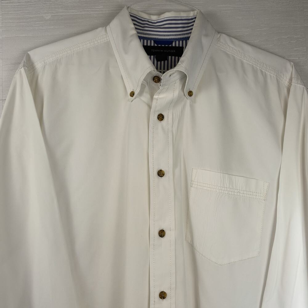 Tommy Hilfiger Button Down Men's Large White Dress Shirt 100% Cotton Long Sleeve